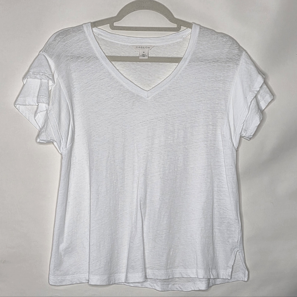 Caslon Linen Cotton Tee Shirt Size XS White Flutter Sleeve V-neck Top Layering